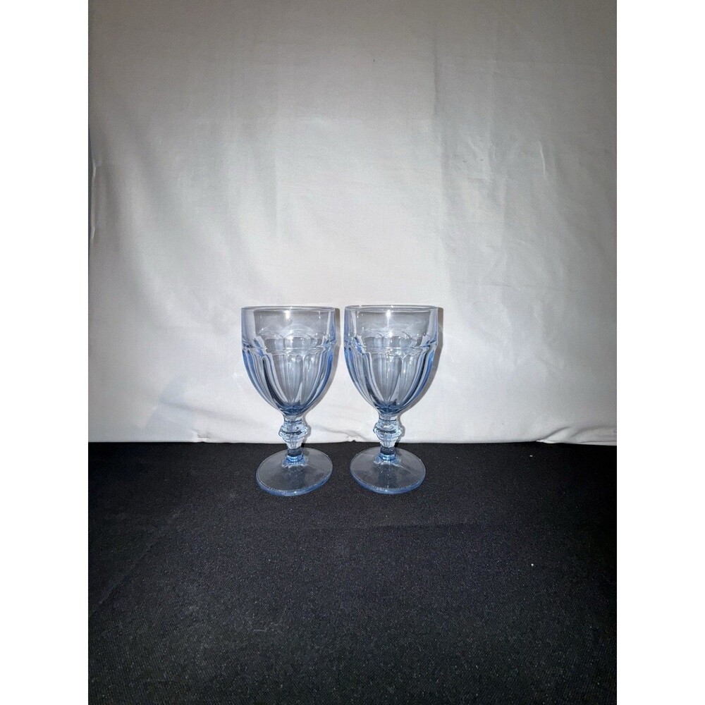Set of 2 Vintage Light Blue Pressed Glass Goblets Stemmed Water Wine Glasses USA